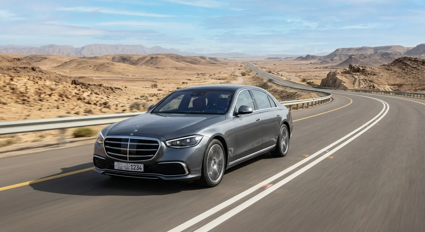 Executive sedan on a desert road