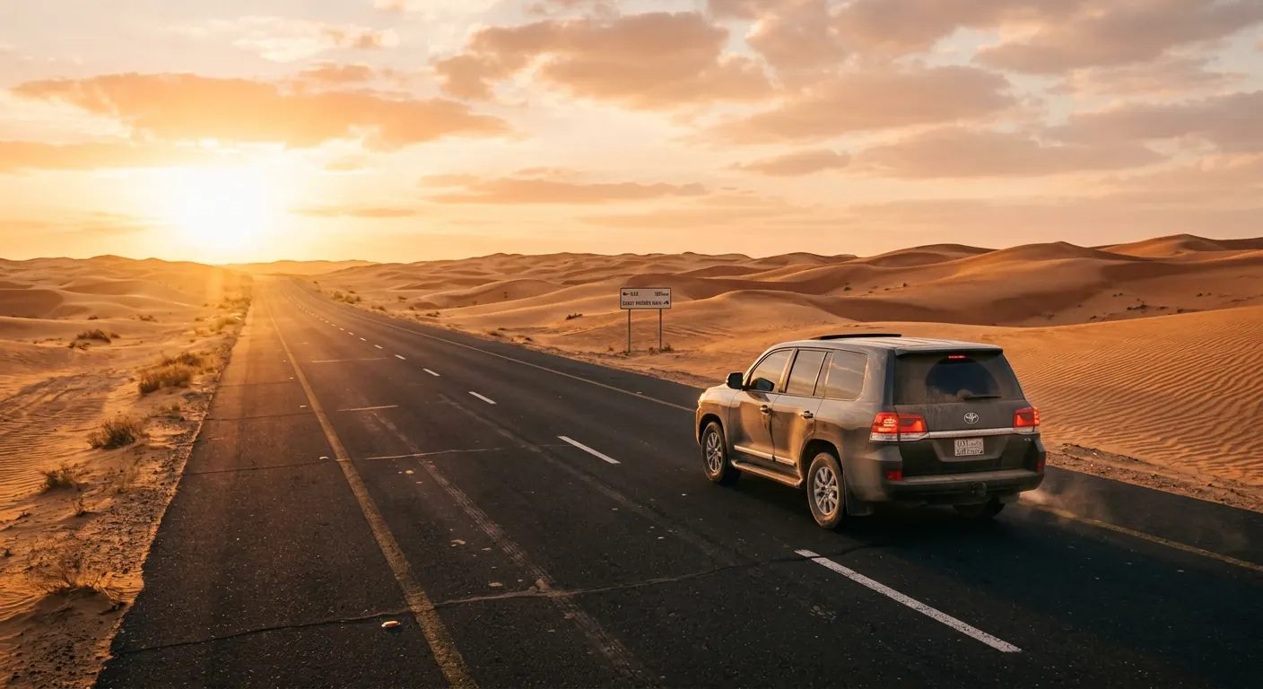 سيارة SUV على طريق صحراوي عند الغروب