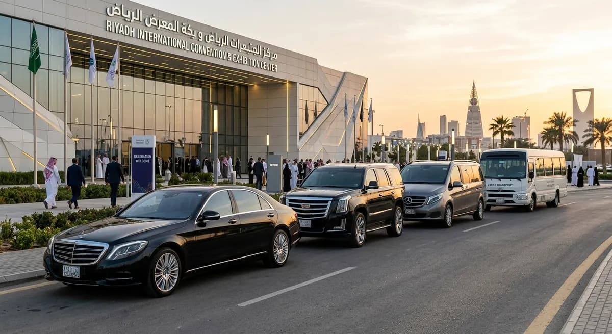 سيارة سيدان وسيارات SUV وفان وحافلة كوستر مصطفة أمام مدخل مركز معارض