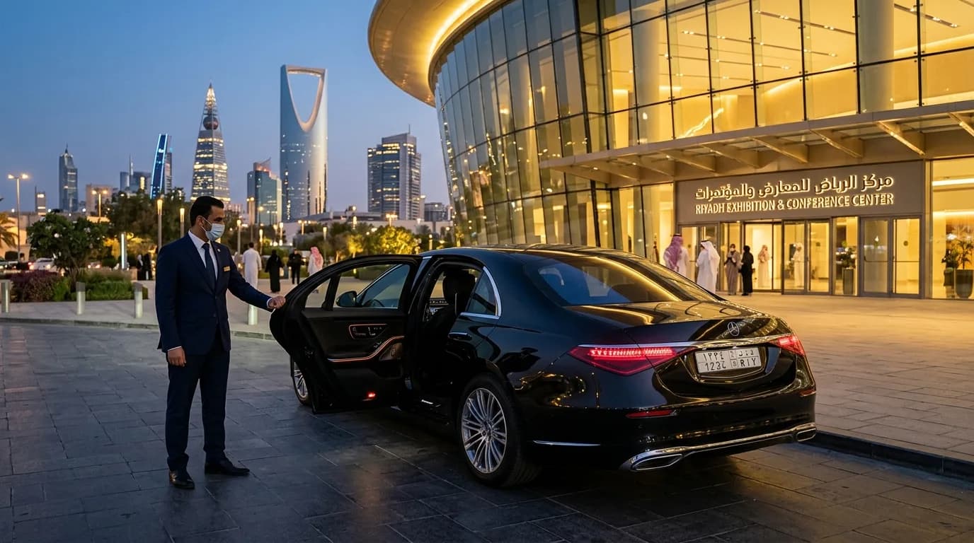 Chauffeur opening the door of a black Mercedes S-Class outside the Riyadh Exhibition & Conference Center at dusk