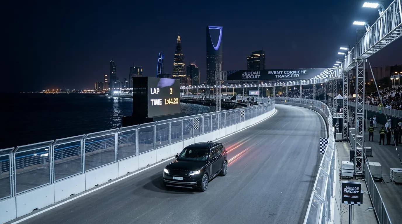 Executive SUV on the floodlit Jeddah Corniche circuit at night