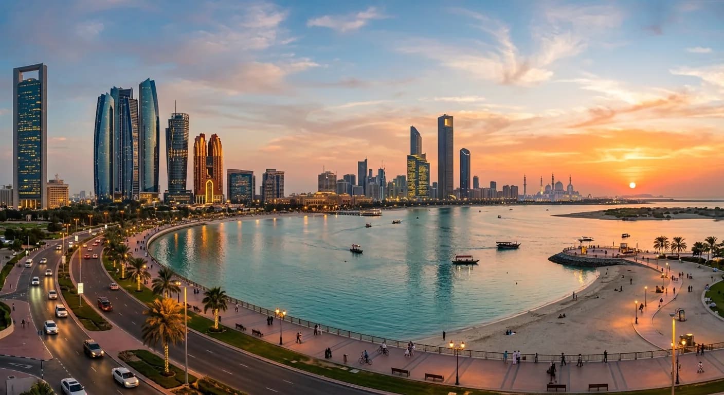 Abu Dhabi skyline — private cross-border car service between the UAE and Saudi Arabia