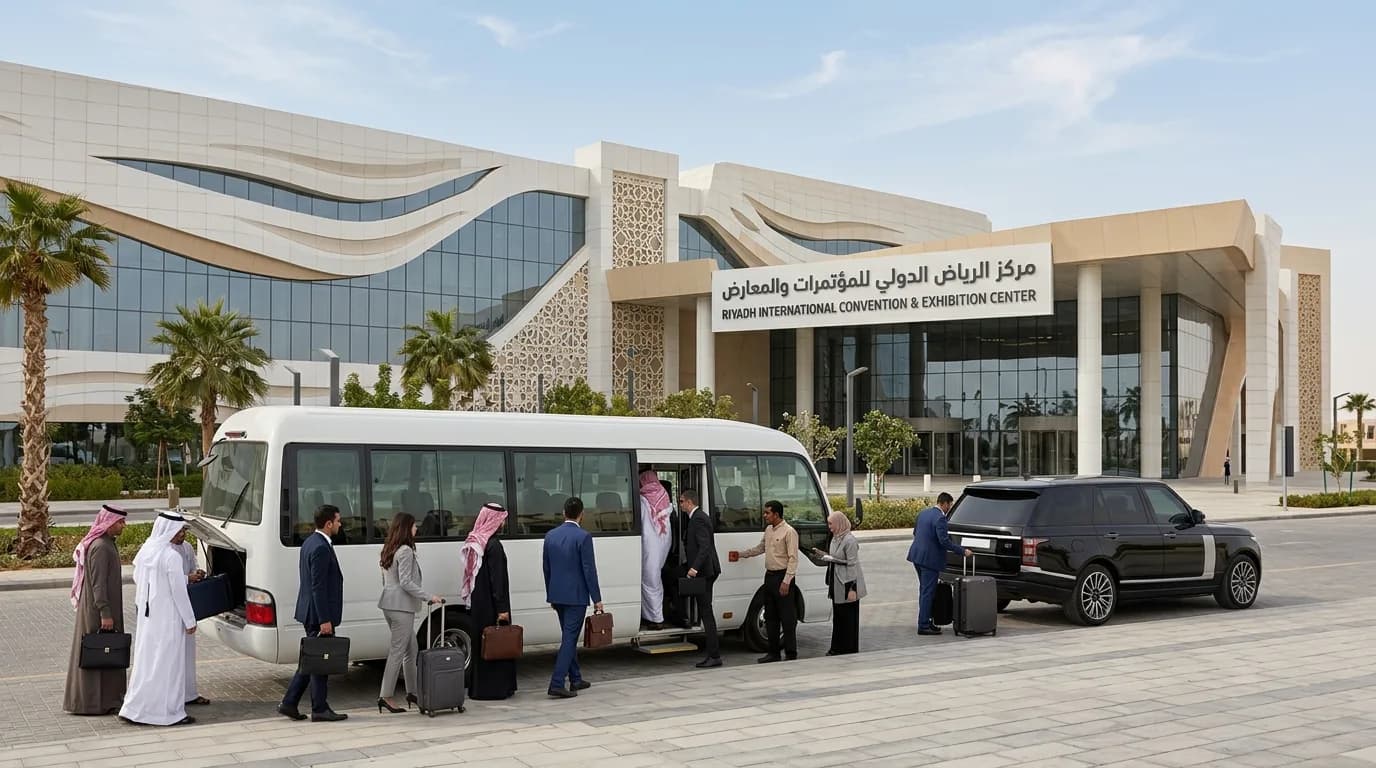Business delegation boarding a minibus and executive SUV outside the Riyadh International Convention & Exhibition Center