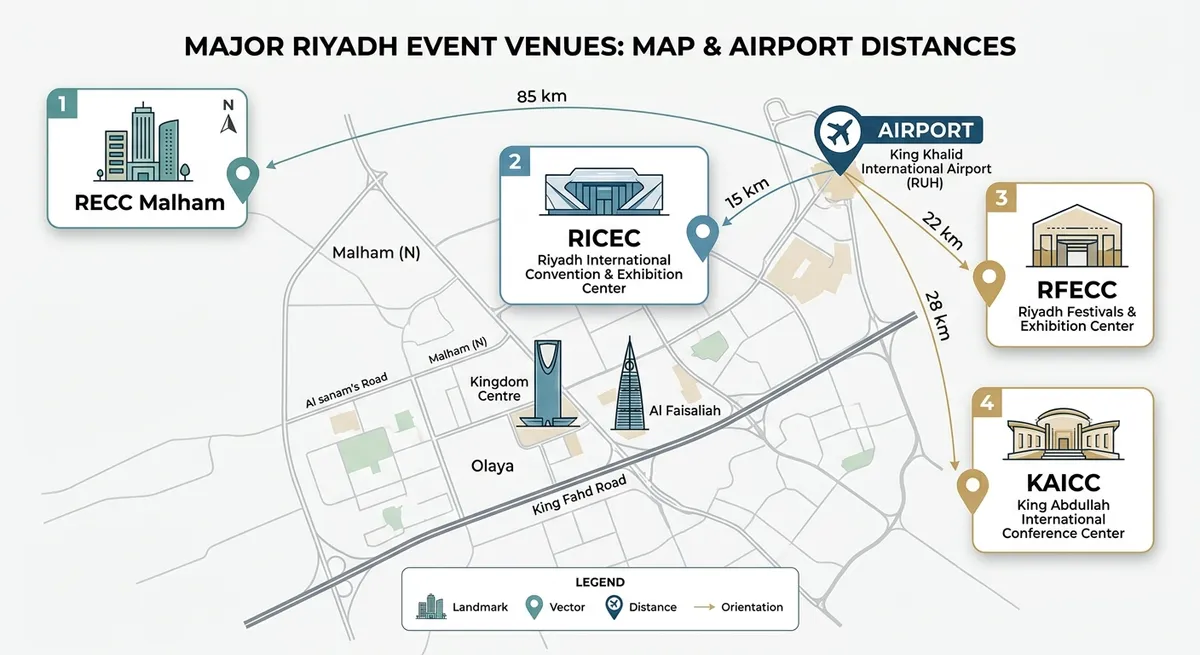 Map of major Riyadh event venues including RECC Malham, RICEC, RFECC and KAICC with airport distances